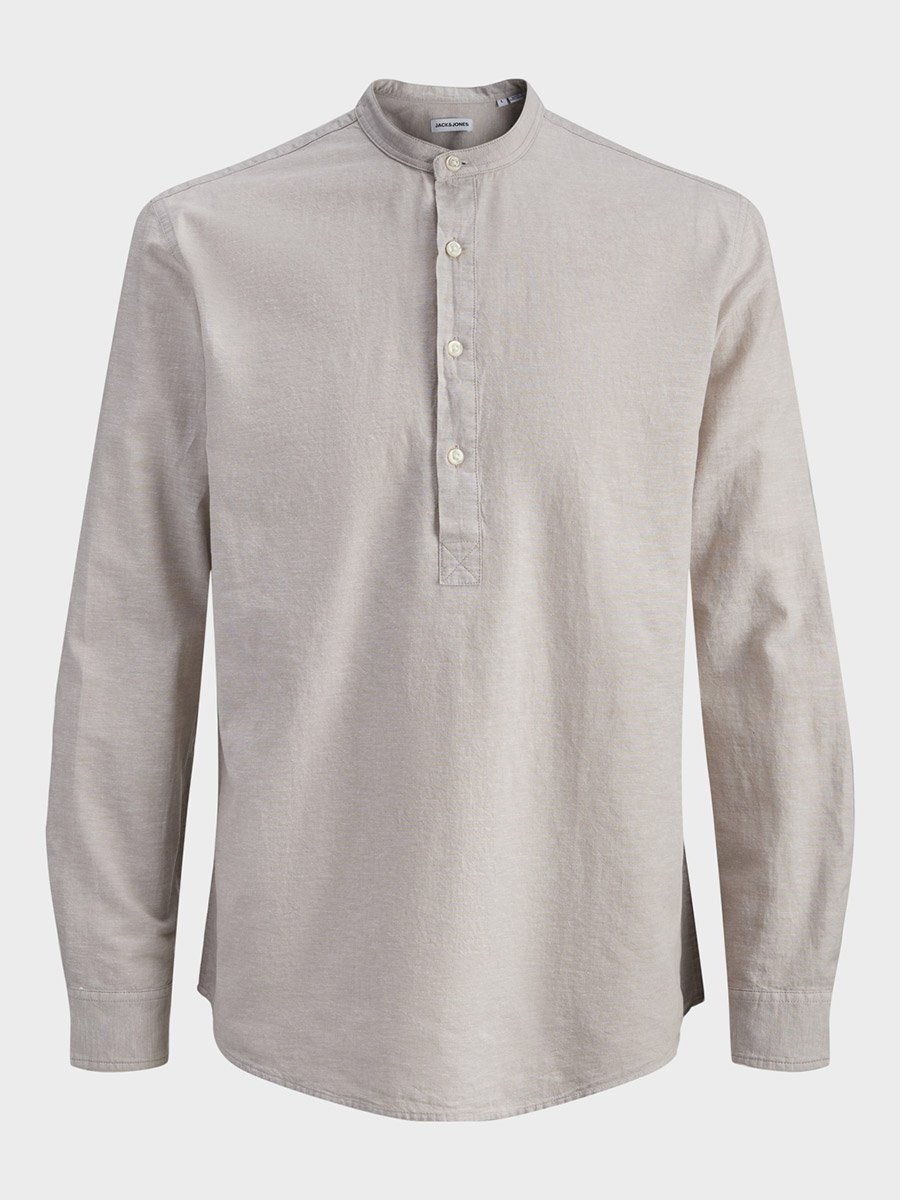Men Grey Linen Blend Mandarin Collar Shirt 