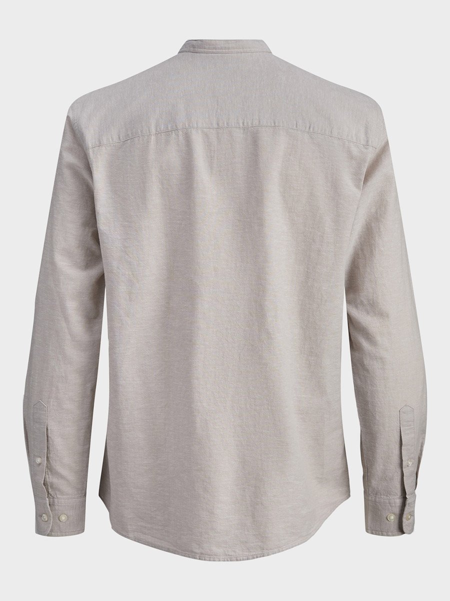 Men Grey Linen Blend Mandarin Collar Shirt 