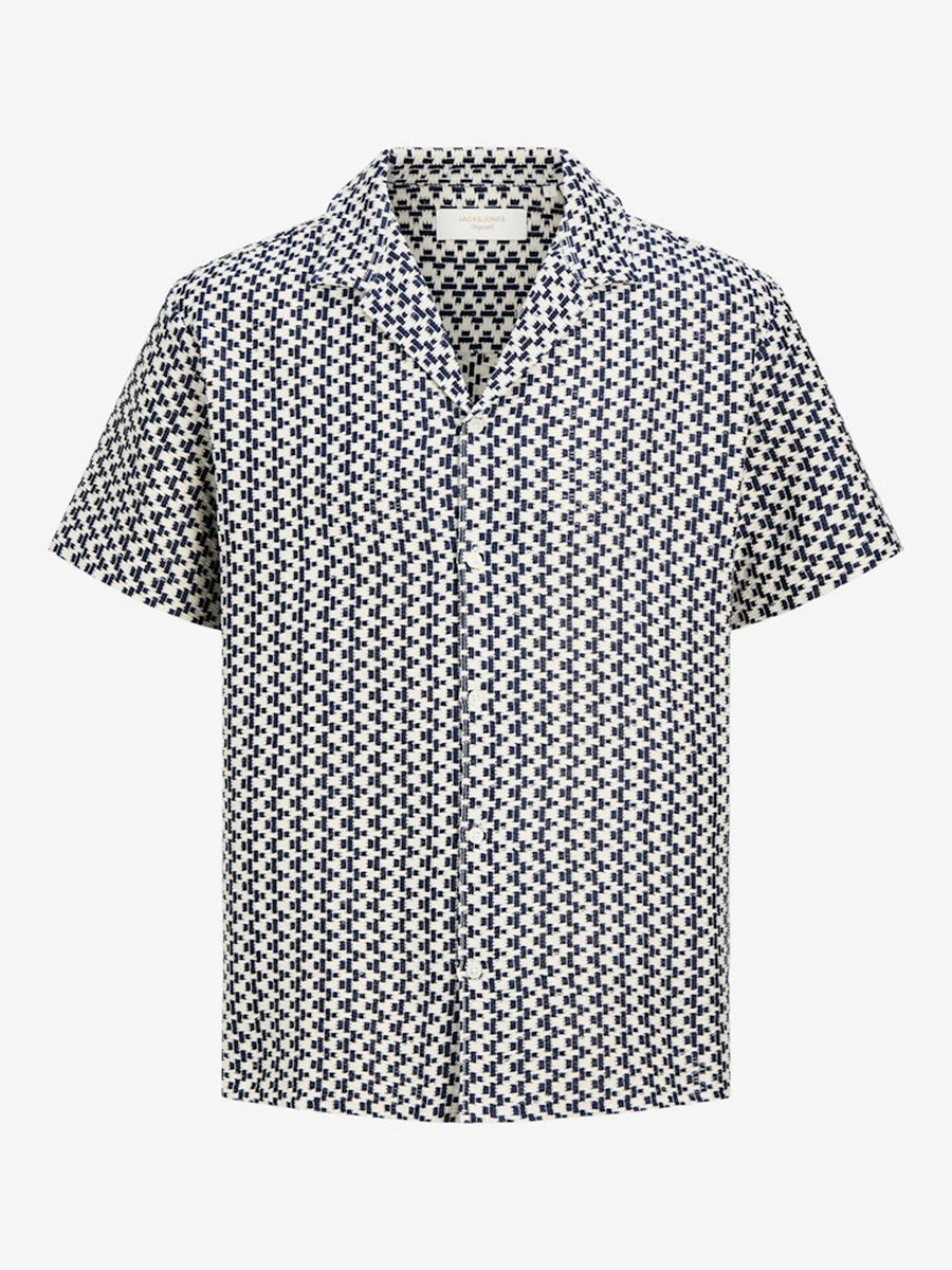 Men Navy Blue Textured Resort Collar