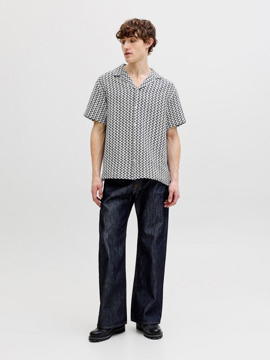 Men Navy Blue Textured Resort Collar