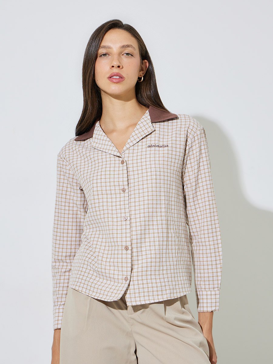 Beige Plaid Long Sleeve Button-Up Shirt