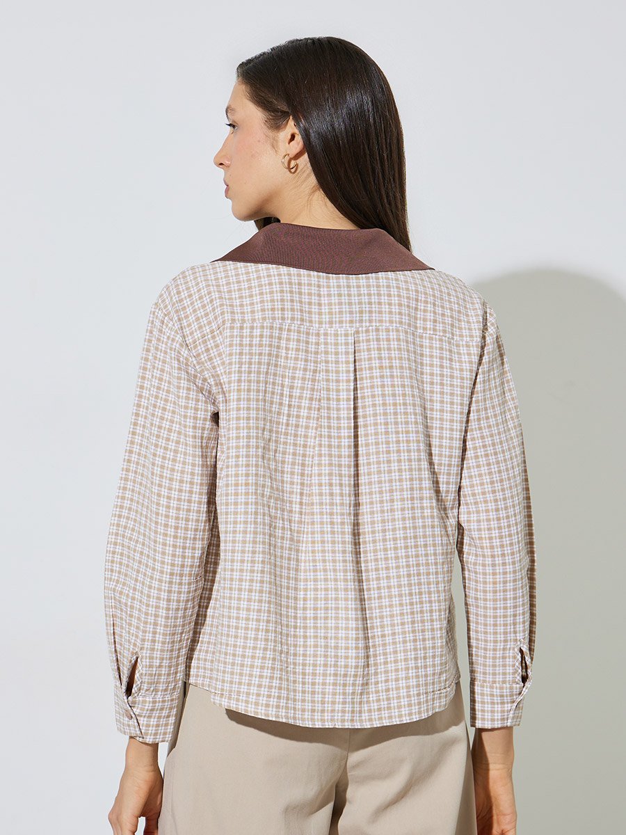 Beige Plaid Long Sleeve Button-Up Shirt