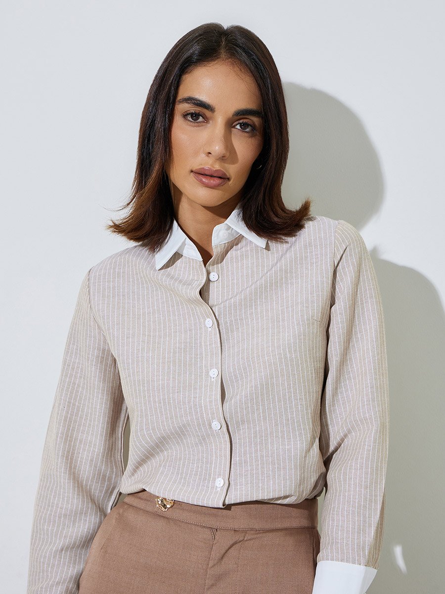 Beige Striped Shirt with Contrast Collar