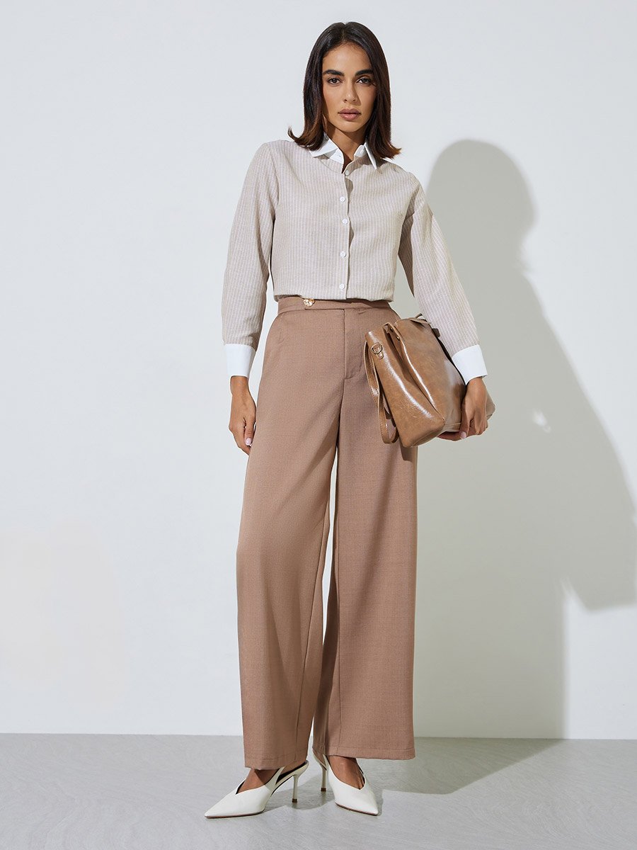 Beige Striped Shirt with Contrast Collar