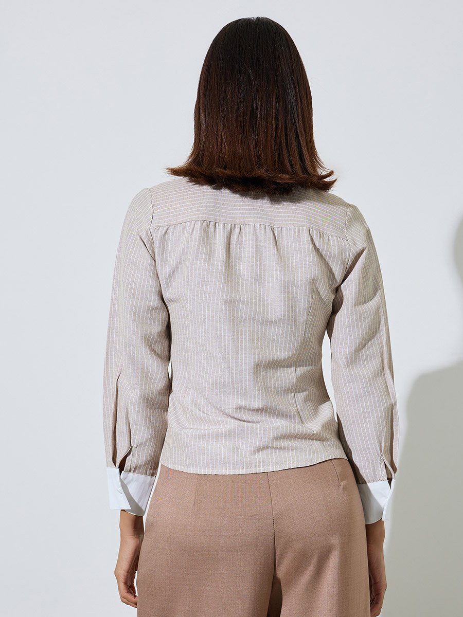 Beige Striped Shirt with Contrast Collar