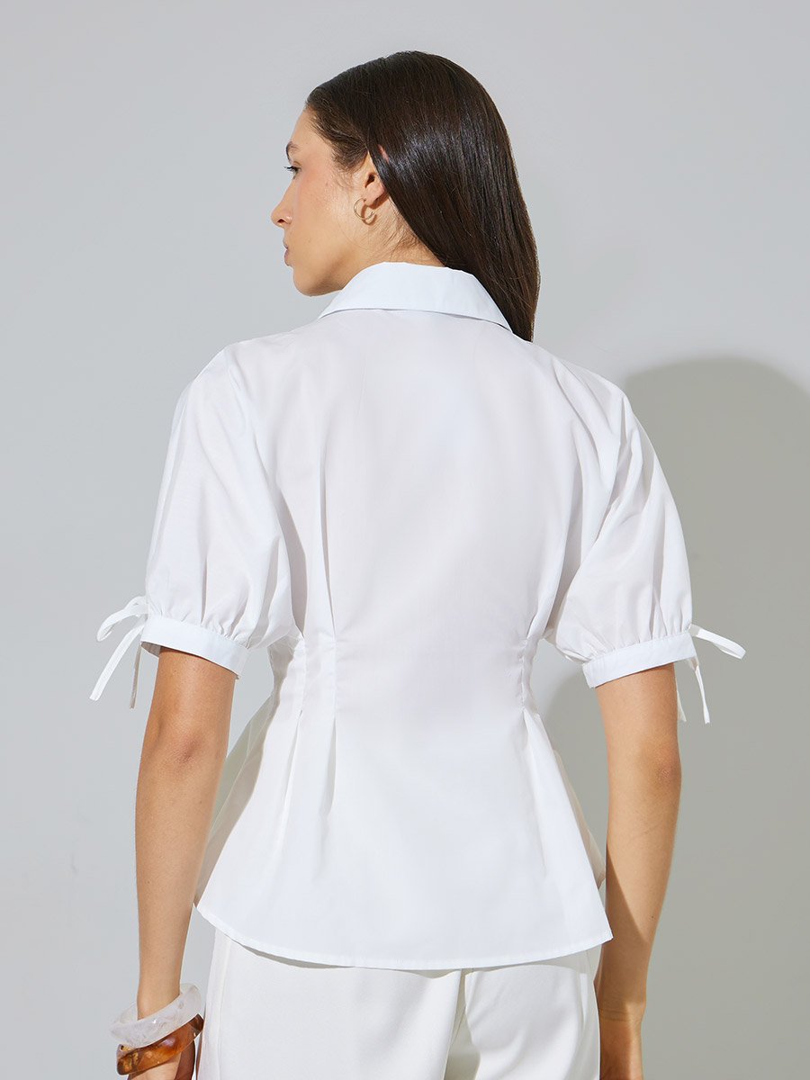 White Peplum Shirt with Tie-Detail
