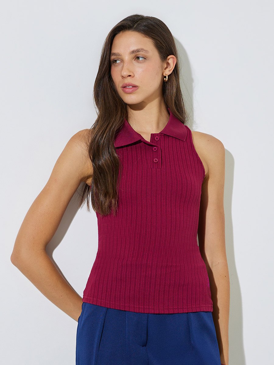 Burgundy Sleeveless Fitted Ribbed Knit Top