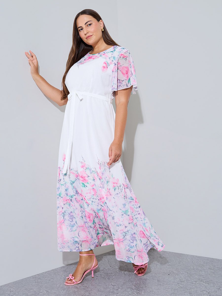 Plus Size White Floral Print A-Line Maxi Dress