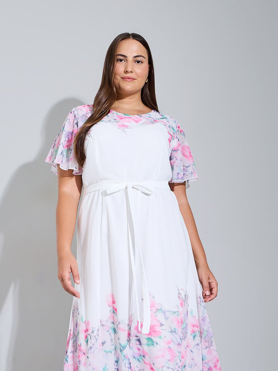 Plus Size White Floral Print A-Line Maxi Dress