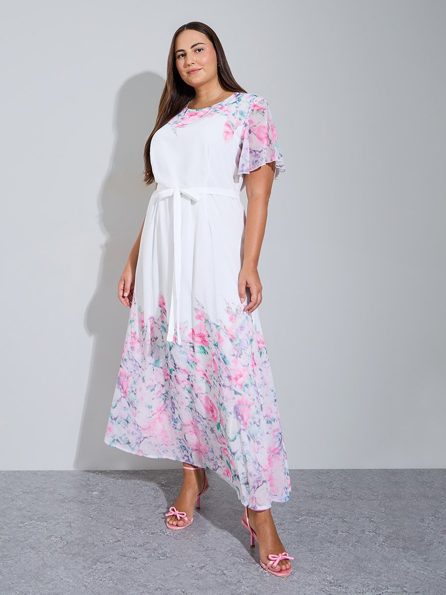 Plus Size White Floral Print A-Line Maxi Dress