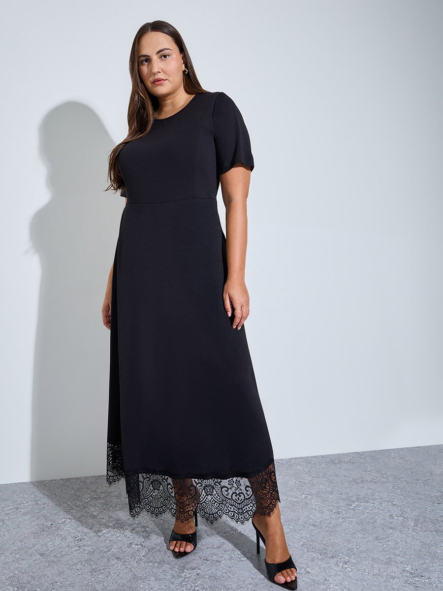 Plus Size Black Lace Trim A-Line Maxi Dress