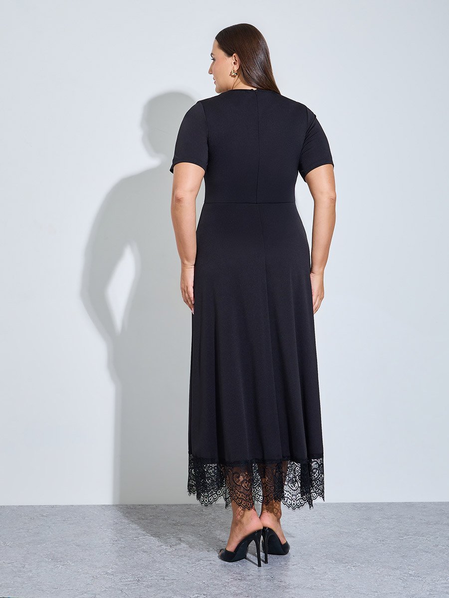 Plus Size Black Lace Trim A-Line Maxi Dress