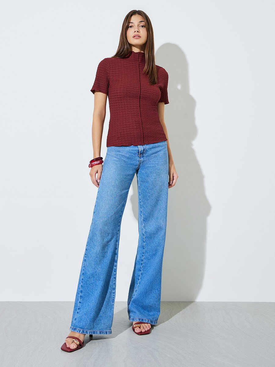 Burgundy Textured Short Sleeve Knit Top