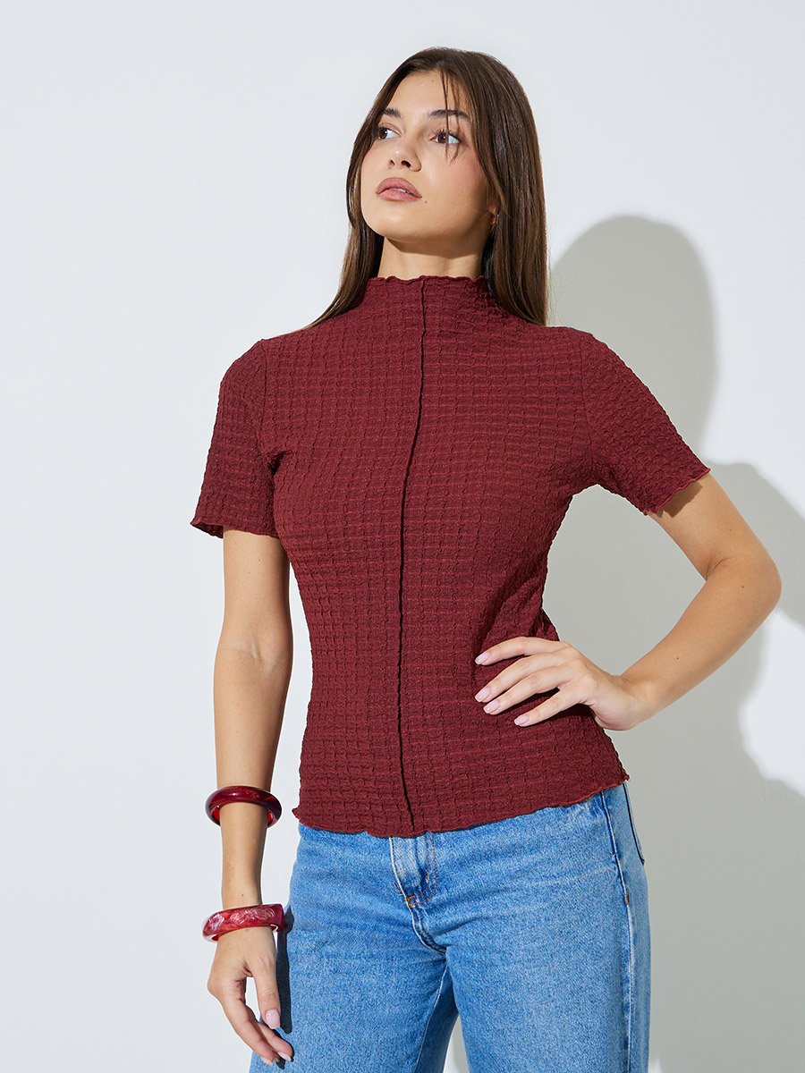 Burgundy Textured Short Sleeve Knit Top