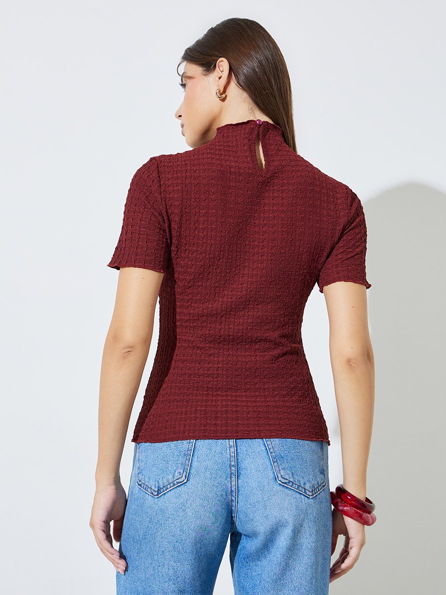 Burgundy Textured Short Sleeve Knit Top