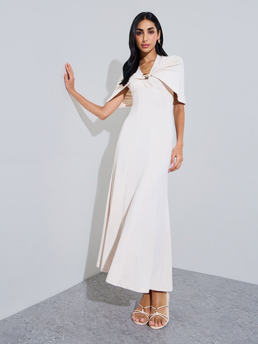 Cream Cape Sleeve A-Line Maxi Dress