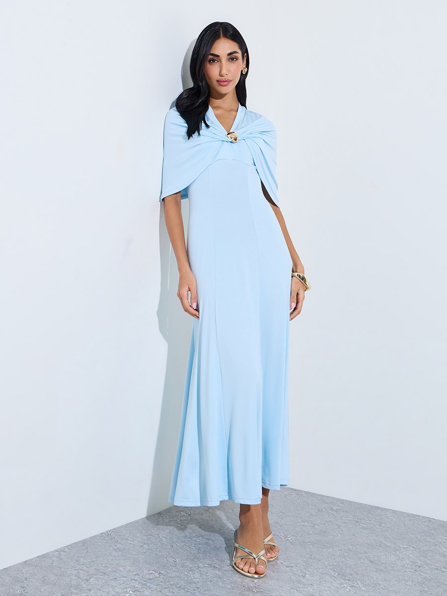 Light Blue Cape Sleeve A-Line Maxi Dress