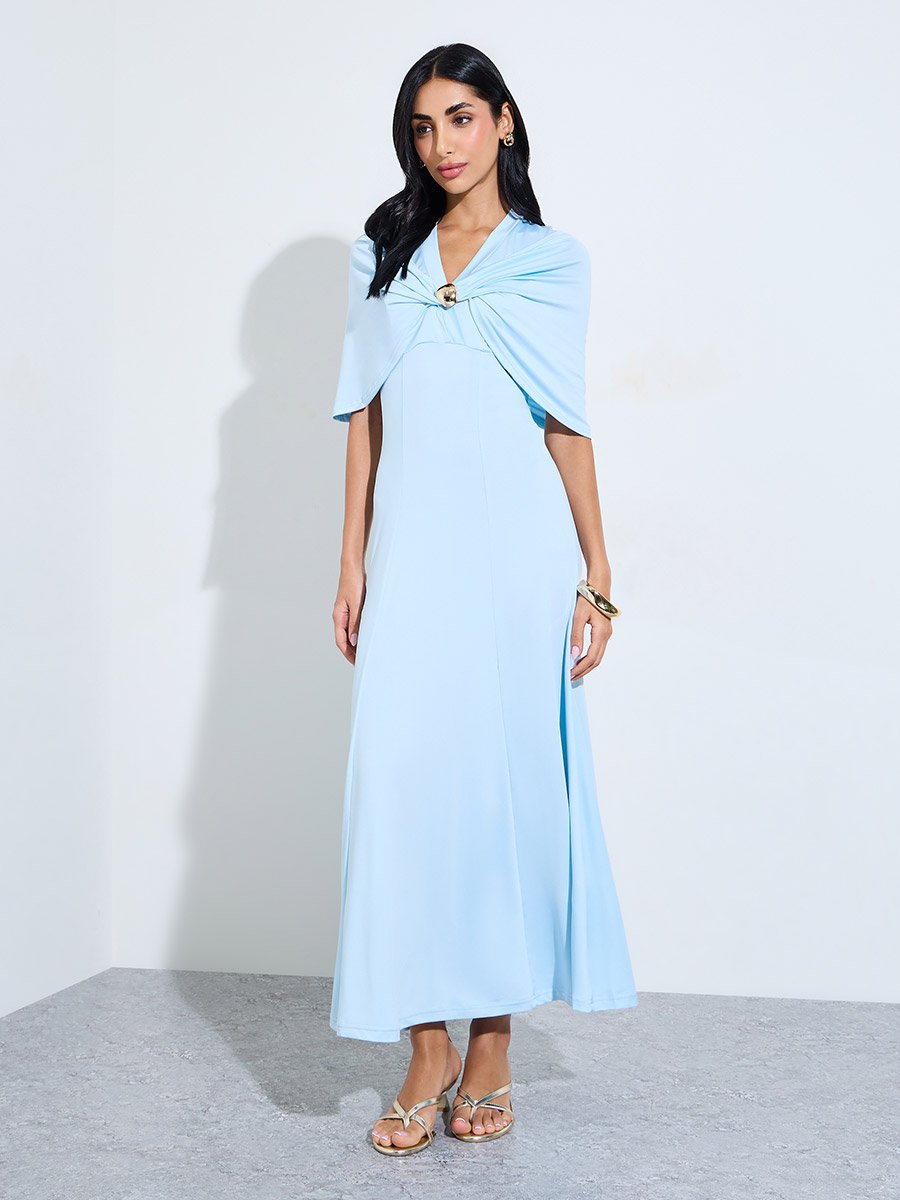 Light Blue Cape Sleeve A-Line Maxi Dress