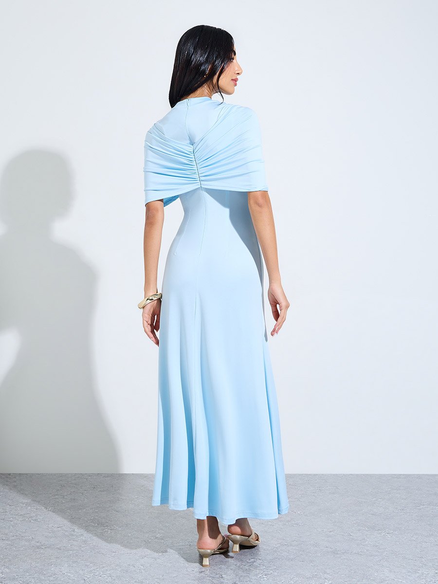 Light Blue Cape Sleeve A-Line Maxi Dress