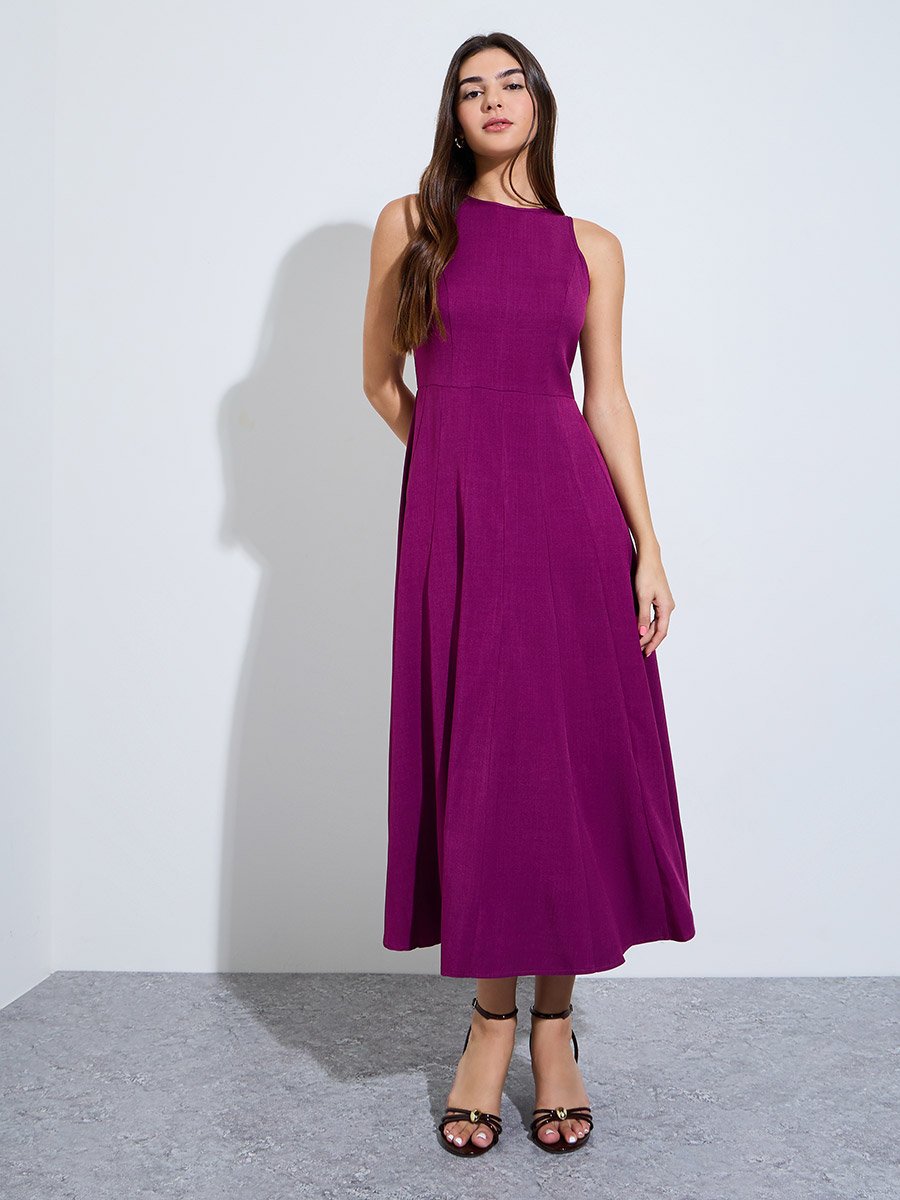 Magenta Sleeveless A-Line Midi Dress