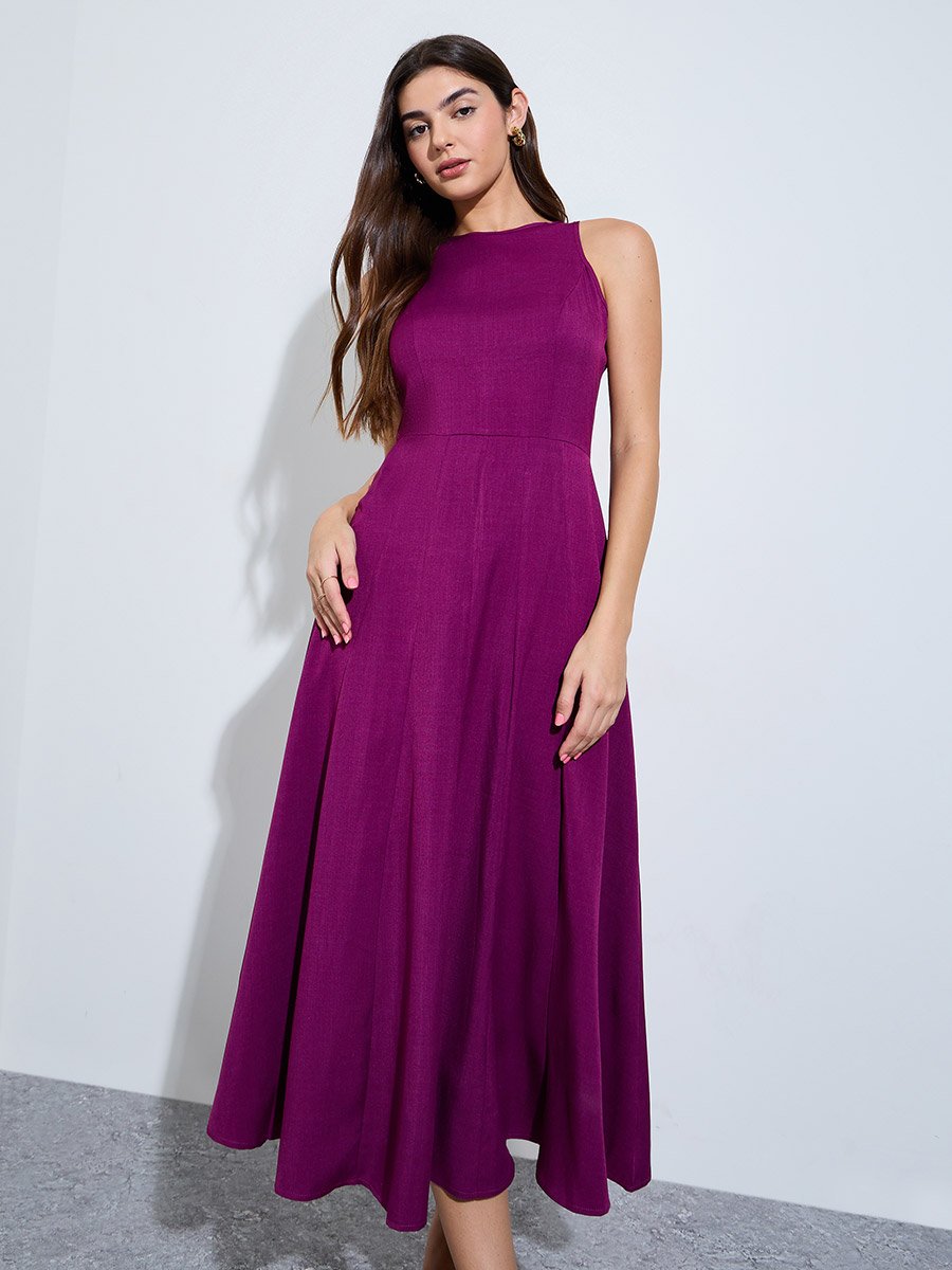 Magenta Sleeveless A-Line Midi Dress
