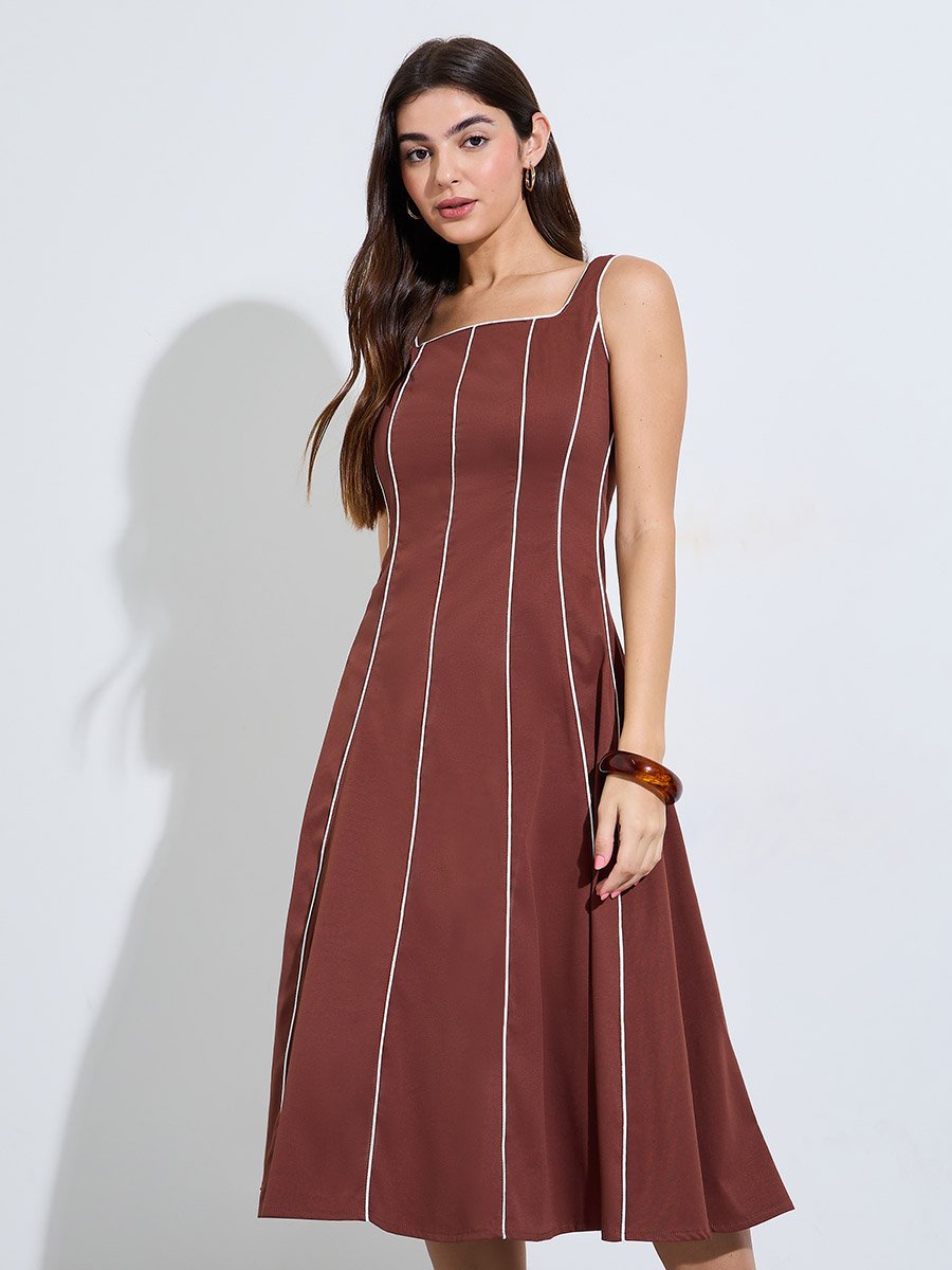 Brown Piping Detail Square Neck A-Line Midi Dress