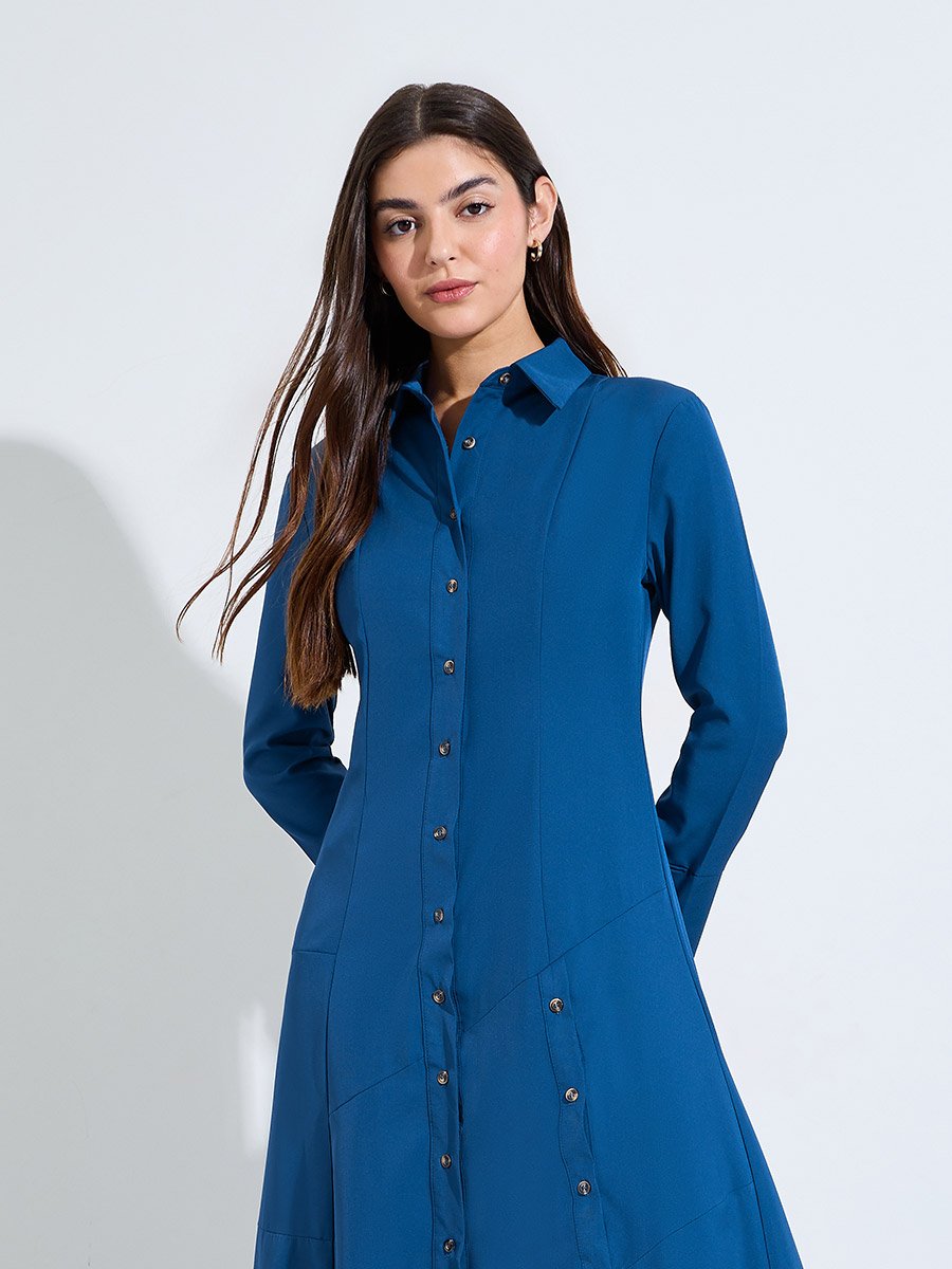 Blue Button-Down Shirt Maxi Dress