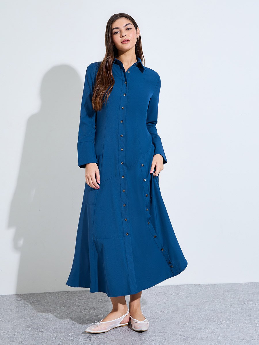 Blue Button-Down Shirt Maxi Dress