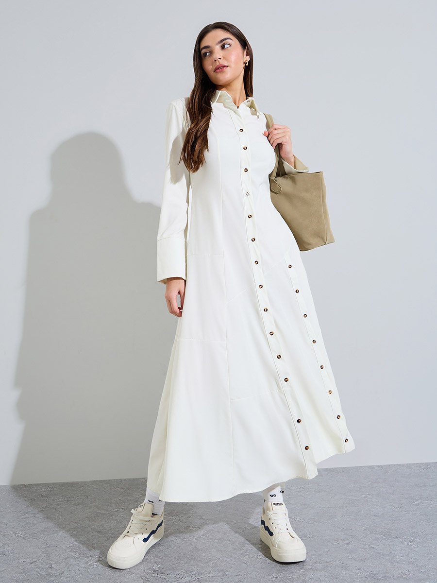 Off White Button-Down Shirt Maxi Dress