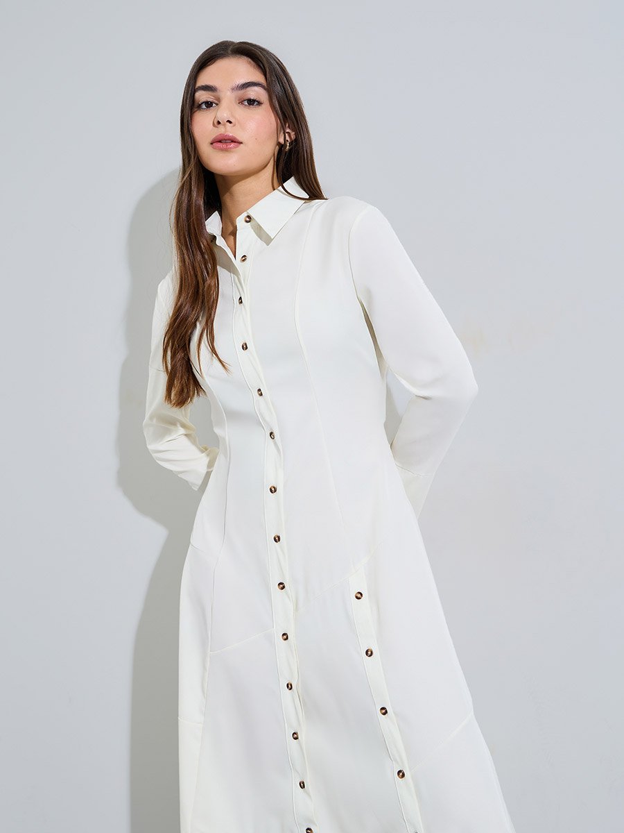 Off White Button-Down Shirt Maxi Dress