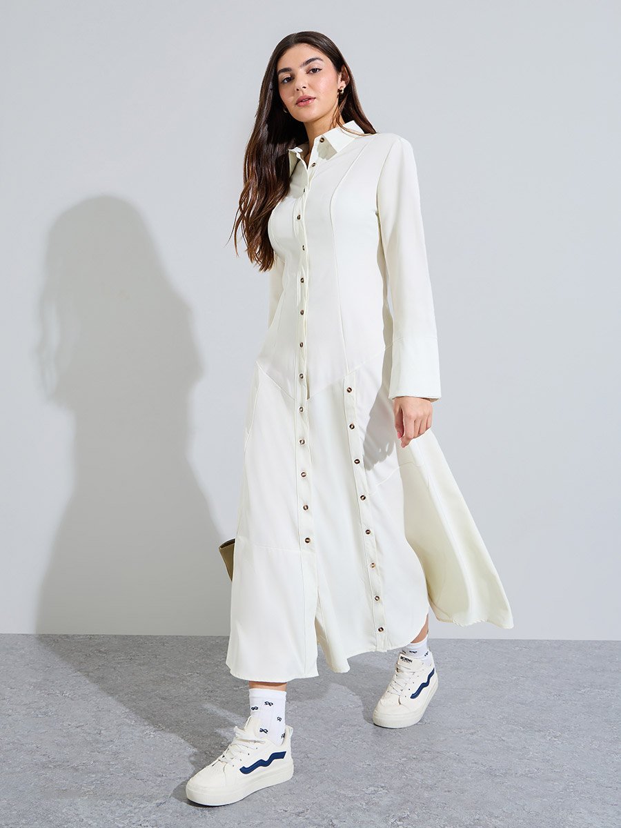 Off White Button-Down Shirt Maxi Dress