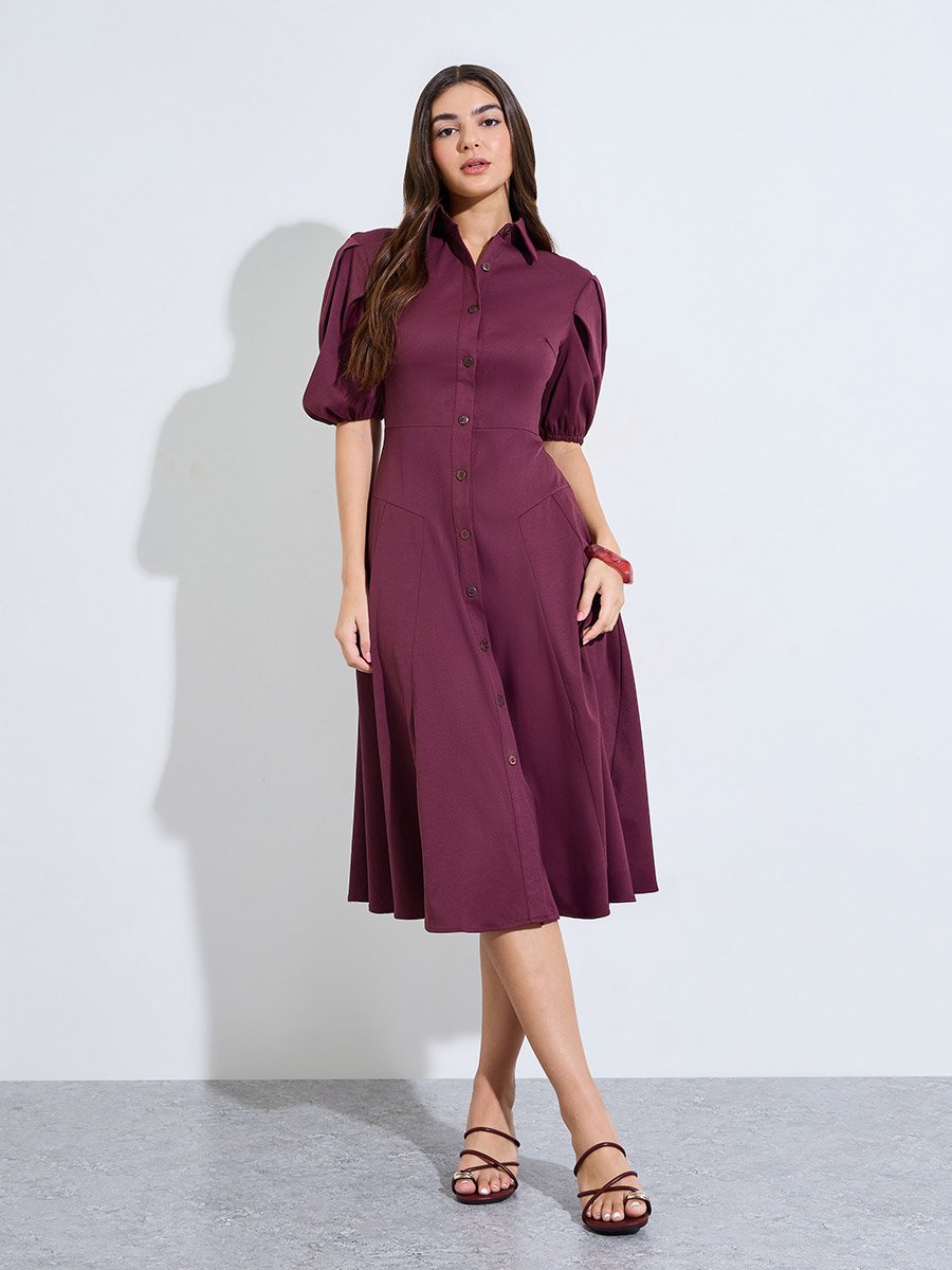 Burgundy Balloon Sleeves Shirt Midi Dress