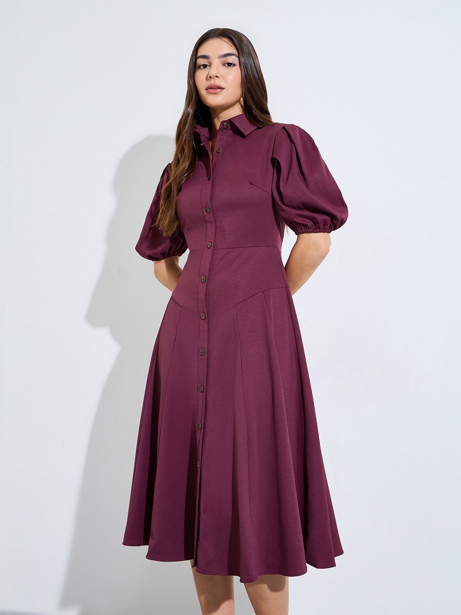 Burgundy Balloon Sleeves Shirt Midi Dress