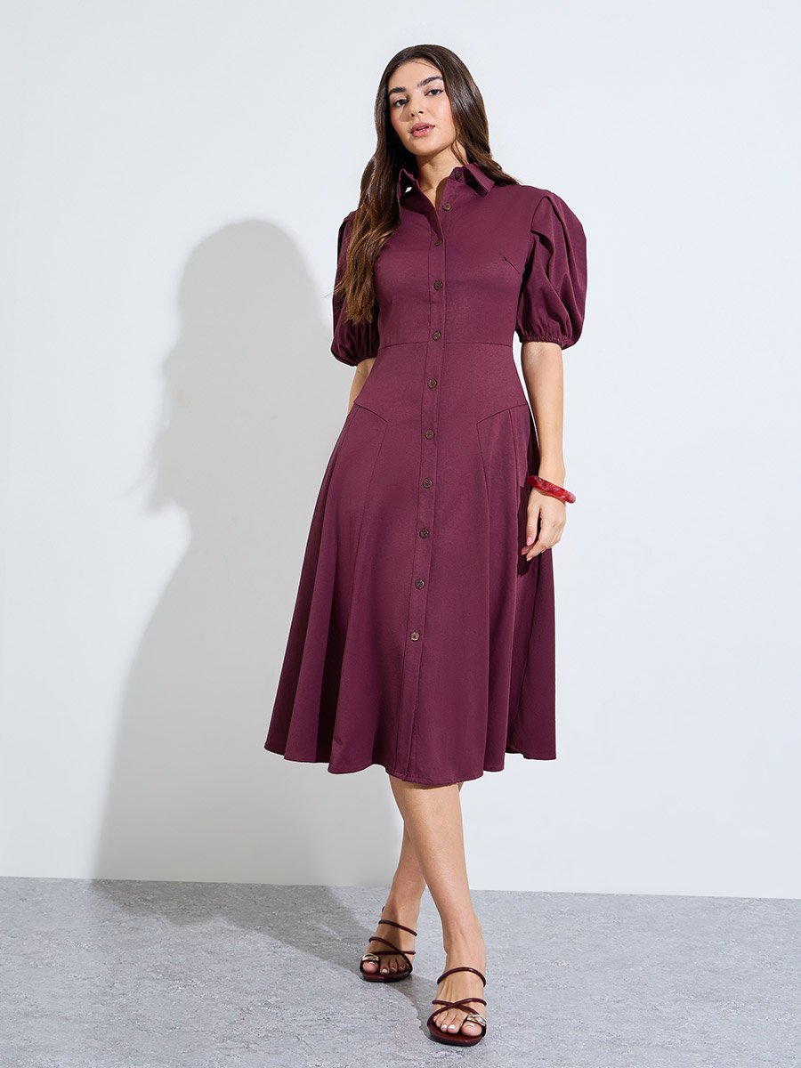 Burgundy Balloon Sleeves Shirt Midi Dress