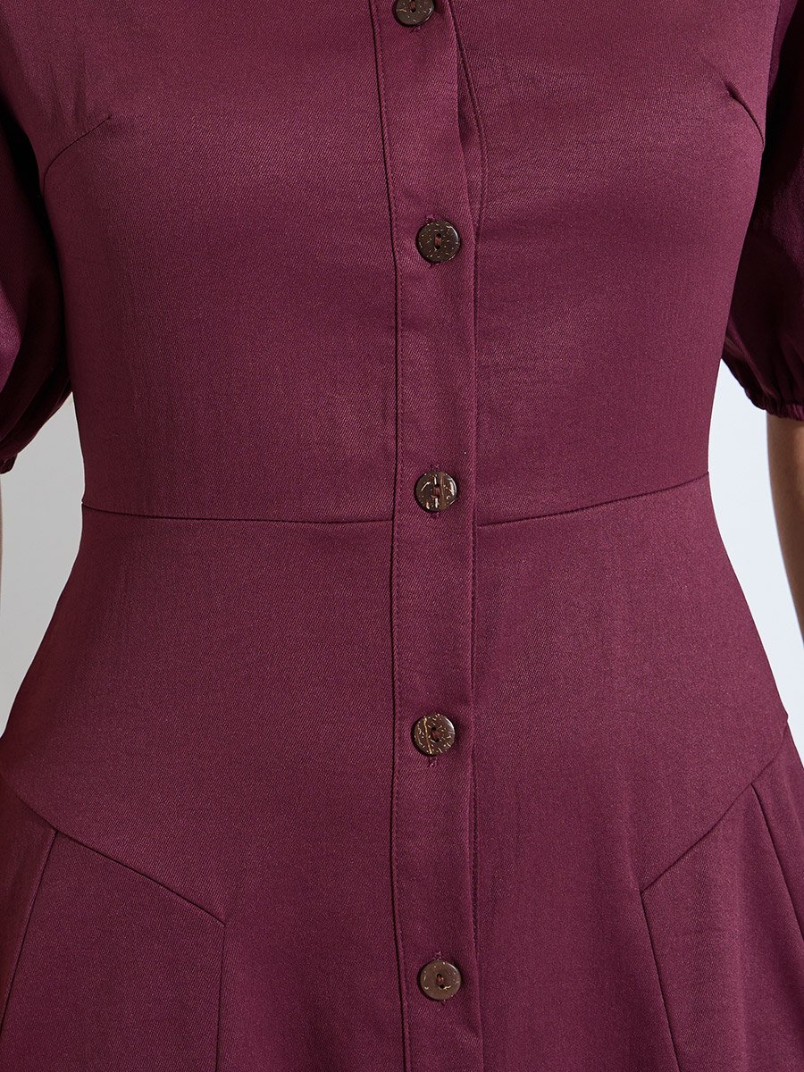 Burgundy Balloon Sleeves Shirt Midi Dress