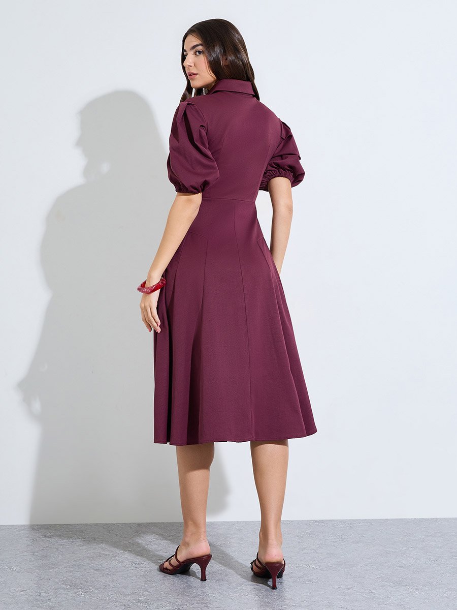 Burgundy Balloon Sleeves Shirt Midi Dress