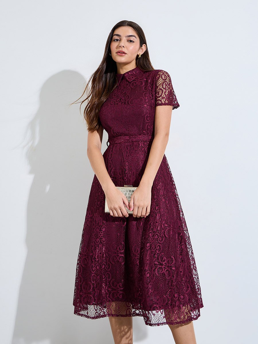 Maroon Lace A-Line Midi Dress with Tie-Belt