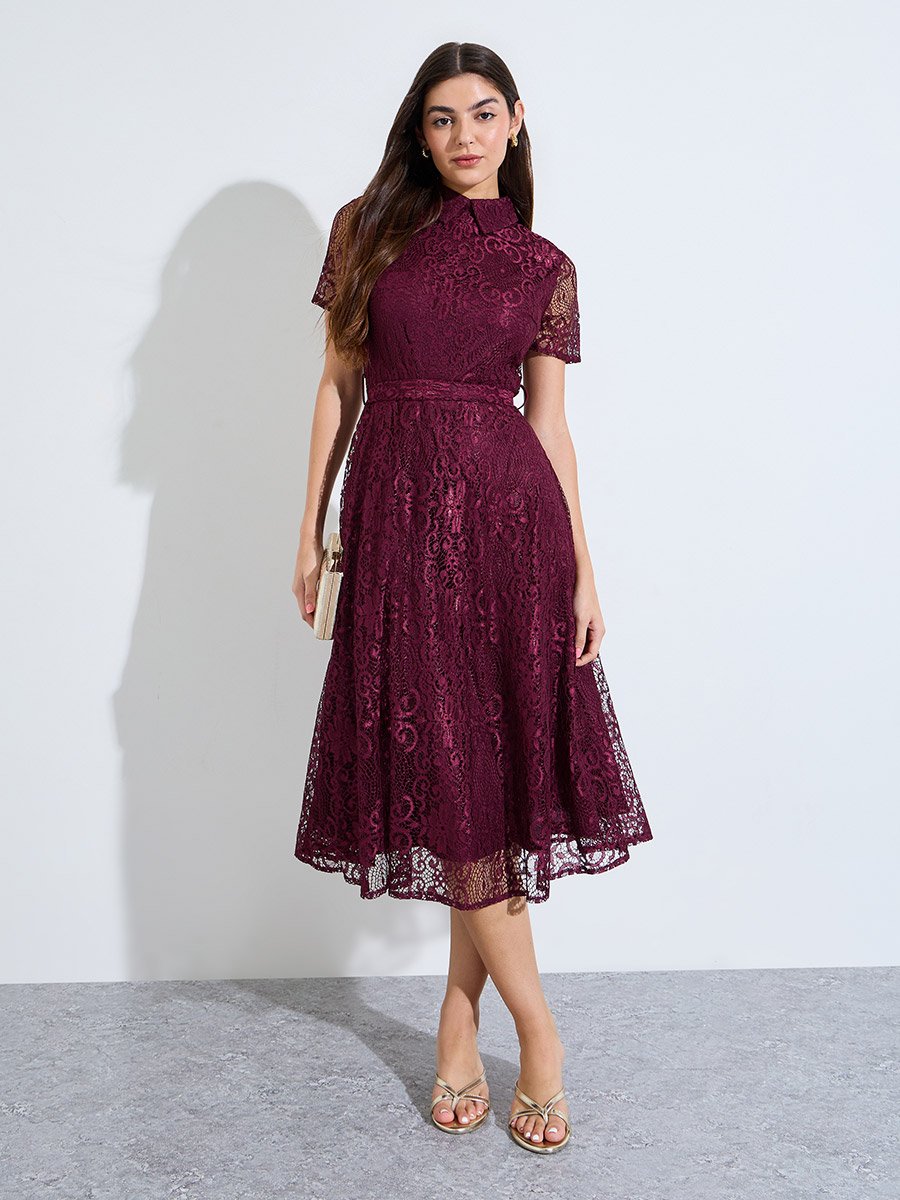 Maroon Lace A-Line Midi Dress with Tie-Belt