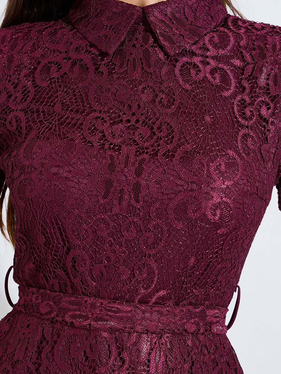 Maroon Lace A-Line Midi Dress with Tie-Belt