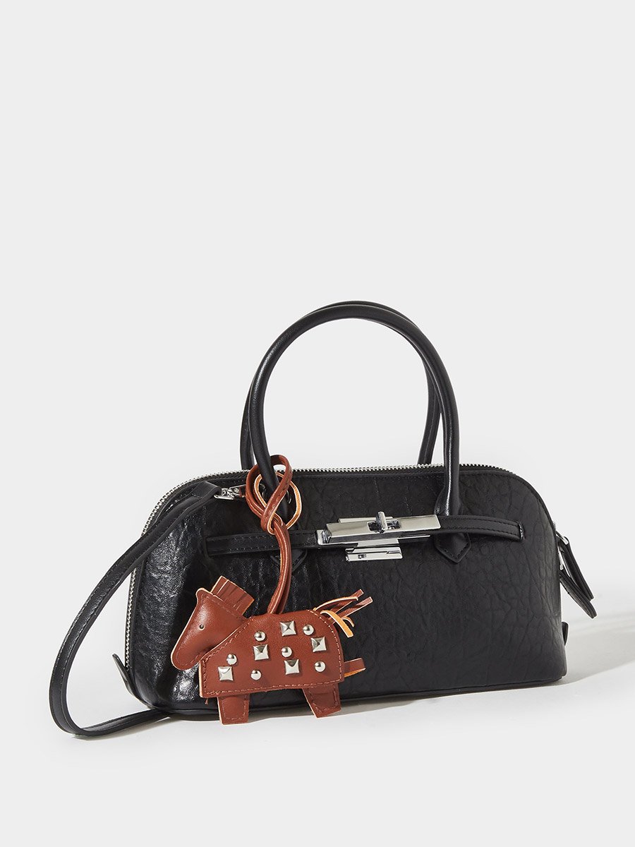 Black Textured Handbag with Charm