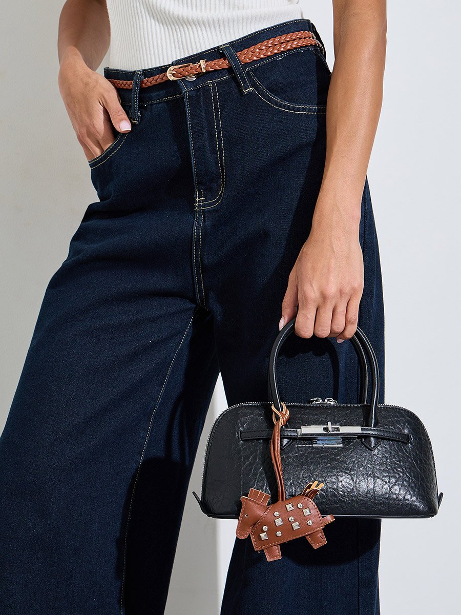 Black Textured Handbag with Charm