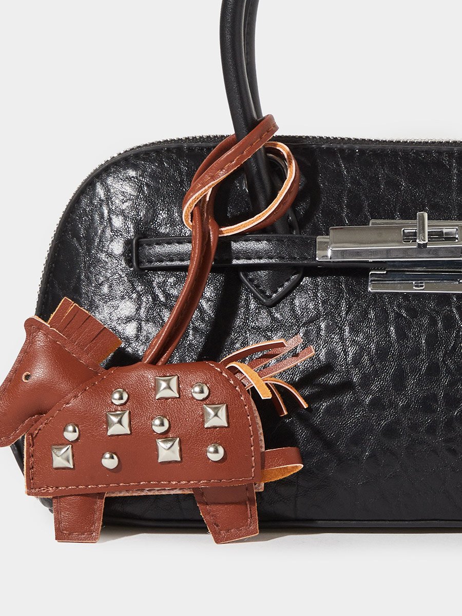 Black Textured Handbag with Charm