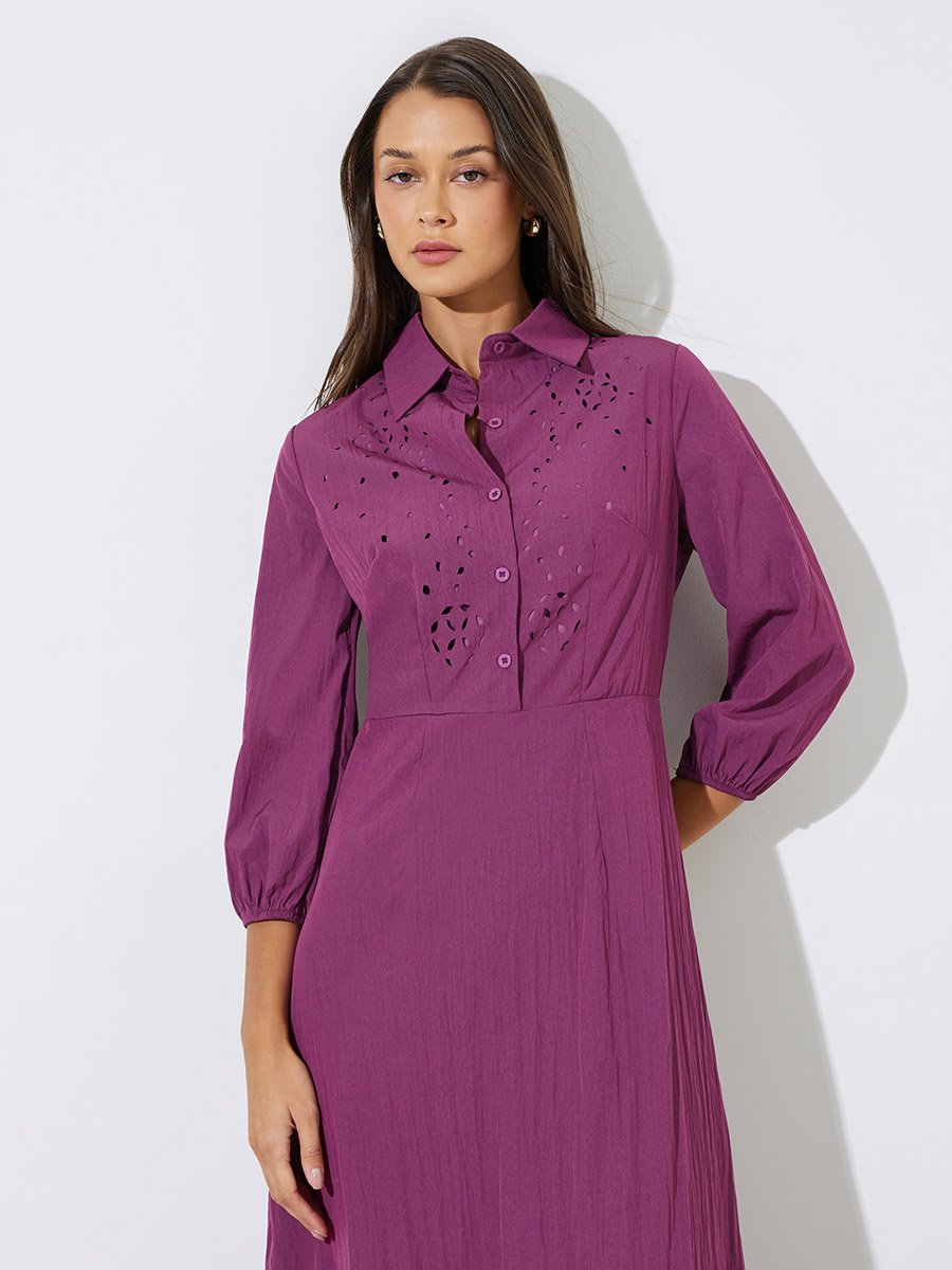 Purple Solid Schiffli Details 3/4 Sleeves A-Line Maxi Dress