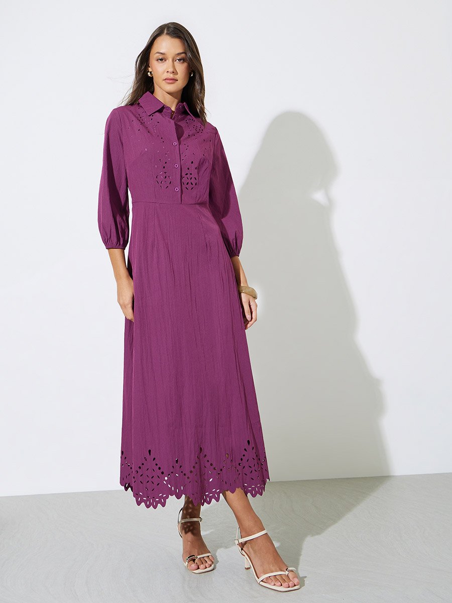 Purple Solid Schiffli Details 3/4 Sleeves A-Line Maxi Dress