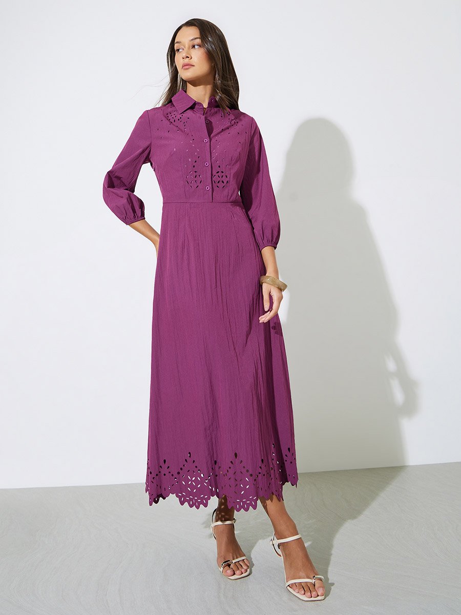 Purple Solid Schiffli Details 3/4 Sleeves A-Line Maxi Dress