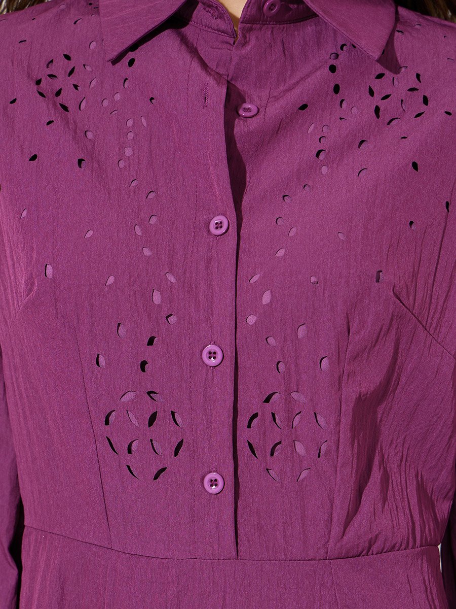 Purple Solid Schiffli Details 3/4 Sleeves A-Line Maxi Dress