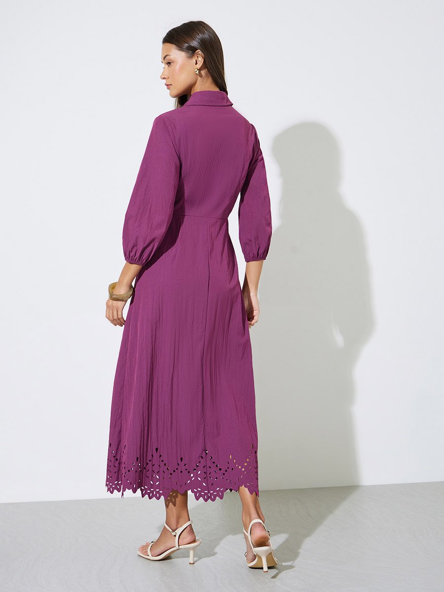 Purple Solid Schiffli Details 3/4 Sleeves A-Line Maxi Dress