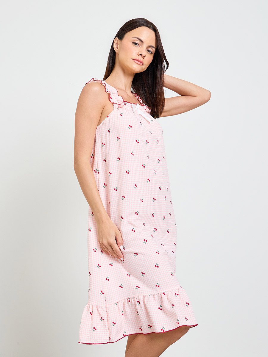 Pink Cherry Gingham Sleeveless Nightdress