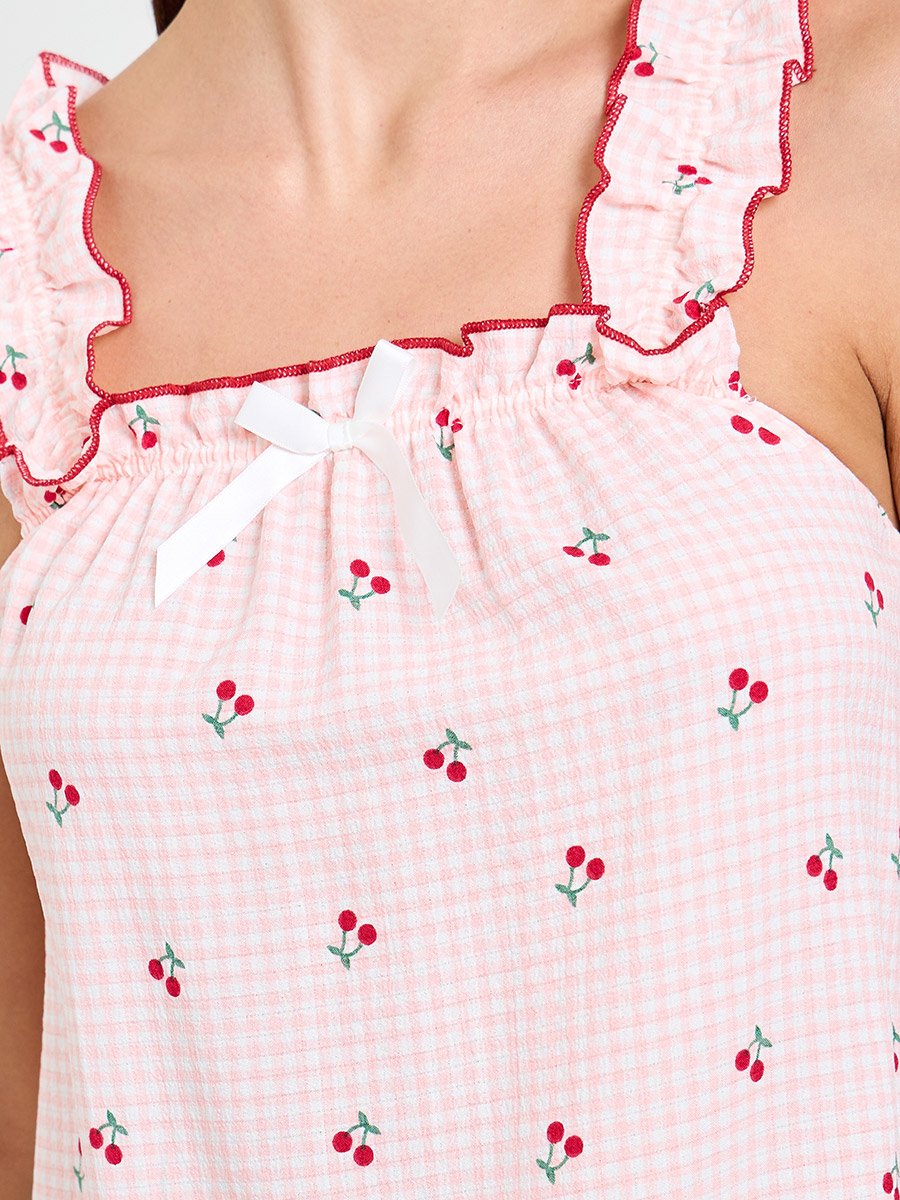 Pink Cherry Gingham Sleeveless Nightdress