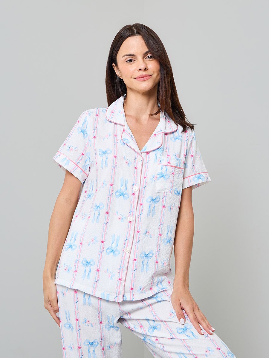 White Bow Print Shirt and Pyjama Set